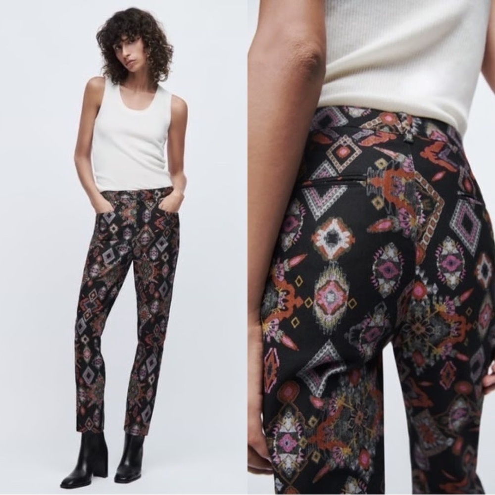 ZARA Mid Rise Black Batik Slim Cotton Bohemian Denim Pants Sz M